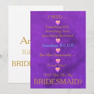 Purple & Gold with Heart Will You Be my Bridesmaid Invitation
