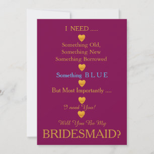 Purple & Gold with Heart Will You Be my Bridesmaid Invitation