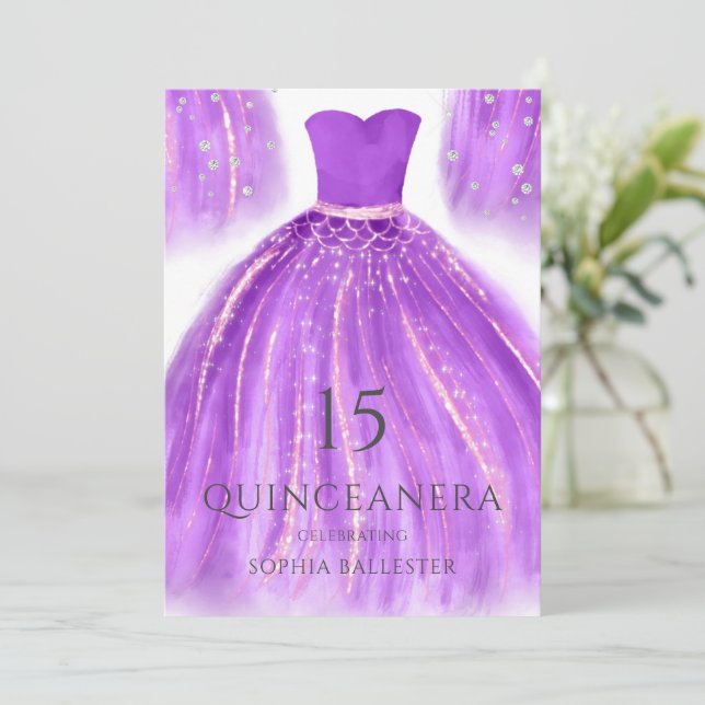 Purple & Gold Wonderful Mermaid Dress Quinceanera Invitation (Standing Front)