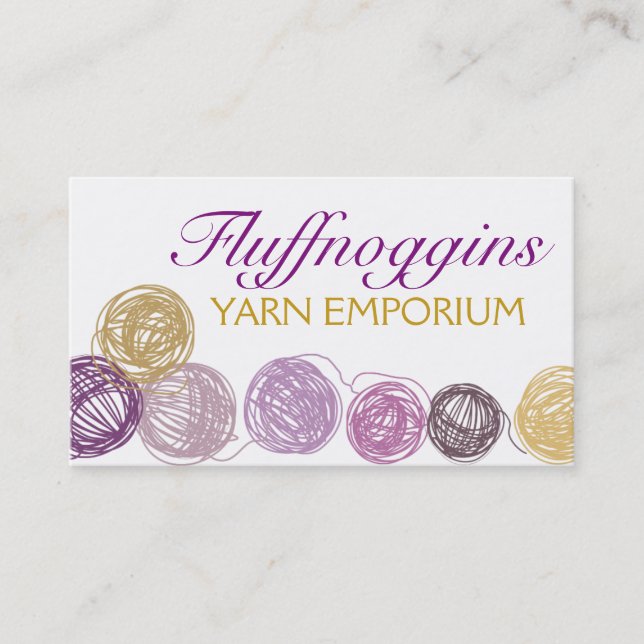 Purple gold yarn balls knitting crochet homespun business card (Front)