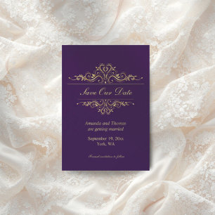 Purple golden frame save the date card