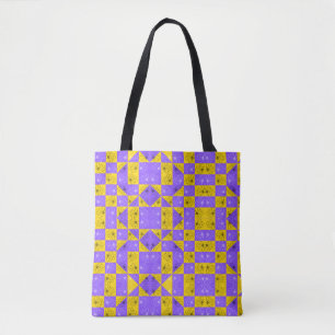 Purple & golden modern Geometric chessboard Floral Tote Bag