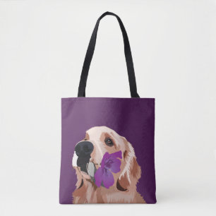 Purple Golden Retriever with a Flower Tote Bag