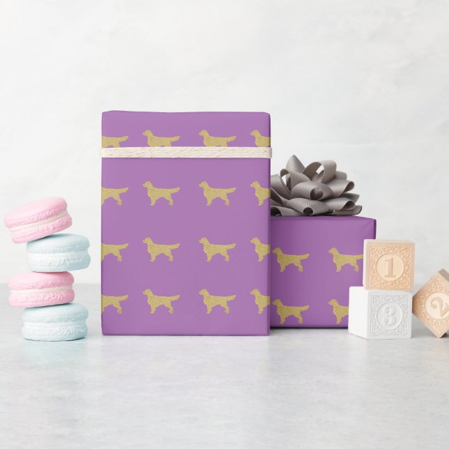 Purple Golden retriever with Gold glitter Wrapping Paper (Baby Shower)
