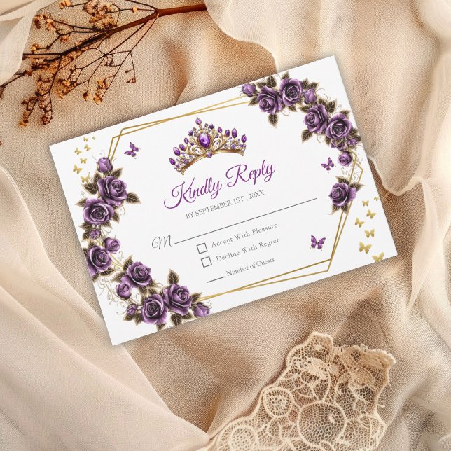 Purple Golden Roses Tiara Butterflies Quinceañera RSVP Card (Creator Uploaded)