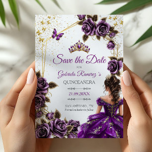 Purple Golden Tiara Roses Butterflies Quinceañera Save The Date