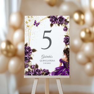 Purple Golden Tiara Roses Butterfly Quinceañera  Table Number