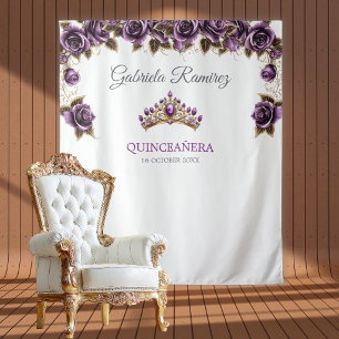 Purple Golden Tiara Roses Quinceañera Backdrop Tapestry