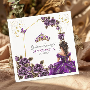 Purple Golden Tiara Roses Quinceañera Napkin