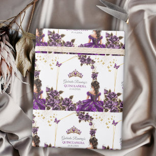 Purple Golden Tiara Roses Quinceañera Wrapping Paper