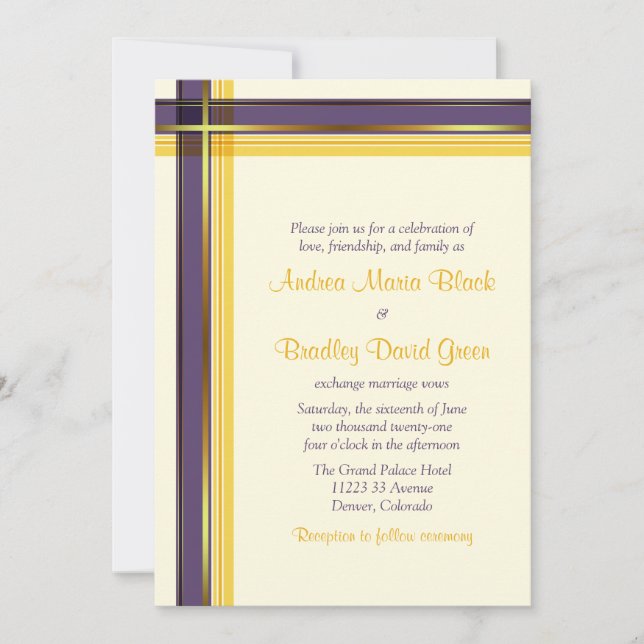 Purple Golden Yellow Plaid Wedding Invitation (Front)