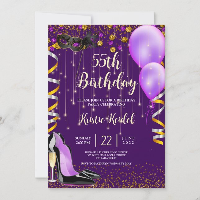 Purple & Golf Balloons and Champagne Invitation (Front)