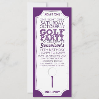 Purple Golf Ticket Golf Birthday Party Invitation