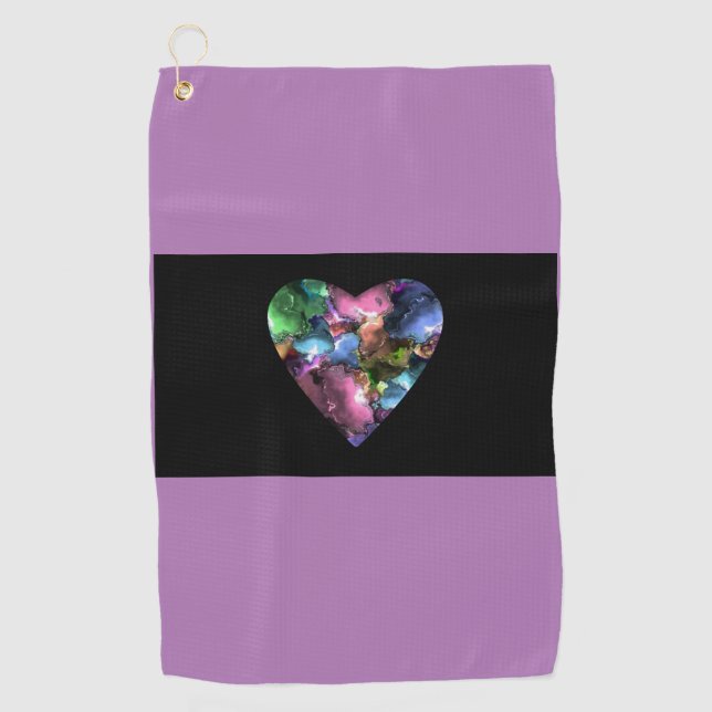 Purple Golf Towel with Colourful Heart (Front)
