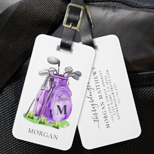 Purple Golfer Monogram Luggage Tag