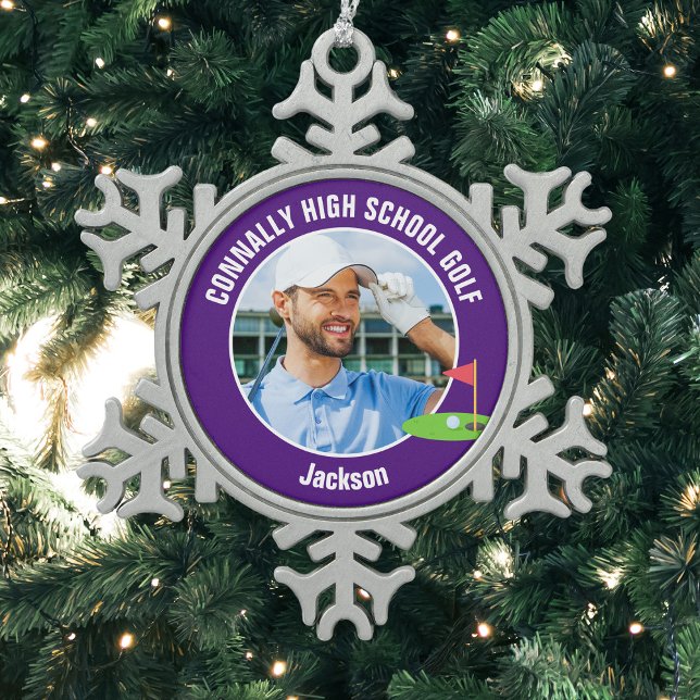 Purple Golfer Photo High School Golf Team Snowflake Pewter Christmas Ornament (Creator Uploaded)