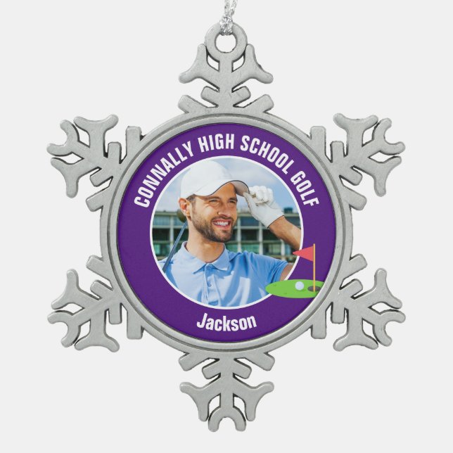 Purple Golfer Photo High School Golf Team Snowflake Pewter Christmas Ornament (Front)