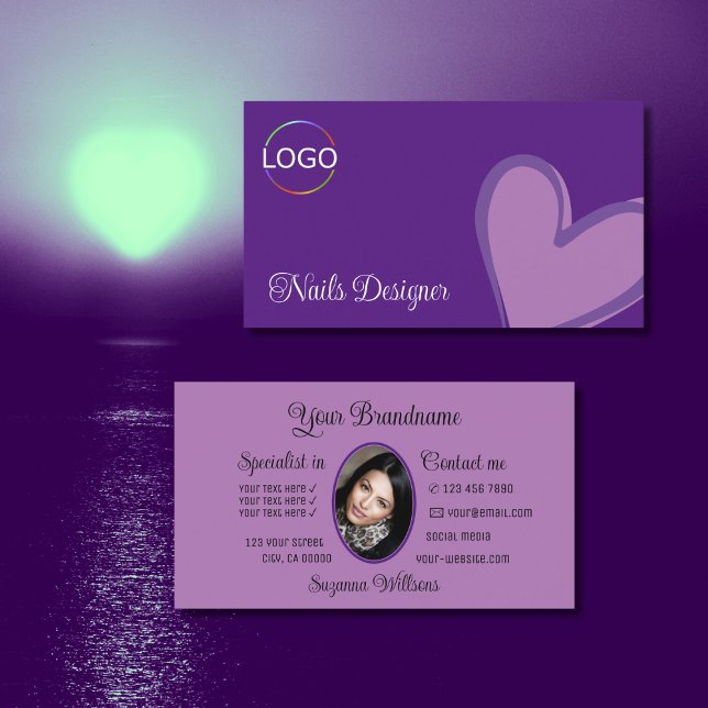 Purple Gorgeous Lilac Heart with Logo and Photo Business Card (Creator Uploaded)