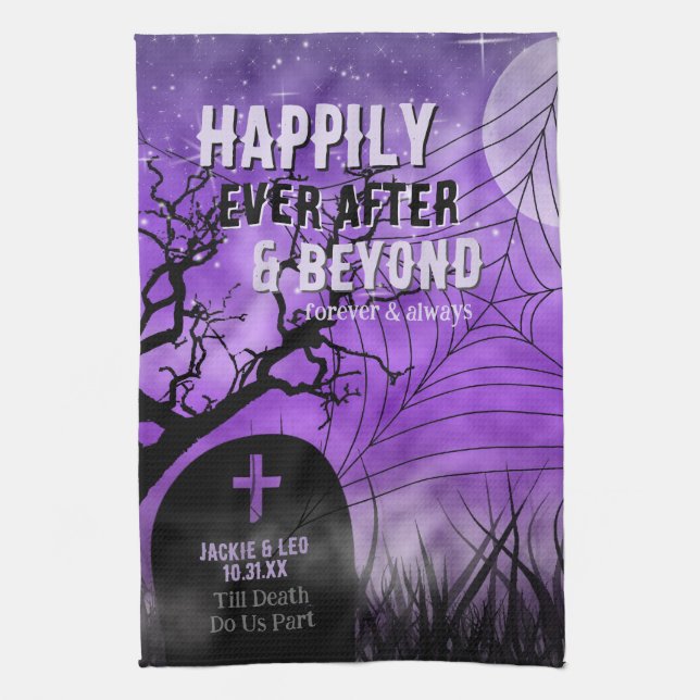 Purple Goth Graveyard Silhouette Hallow Souvenir Tea Towel (Vertical)
