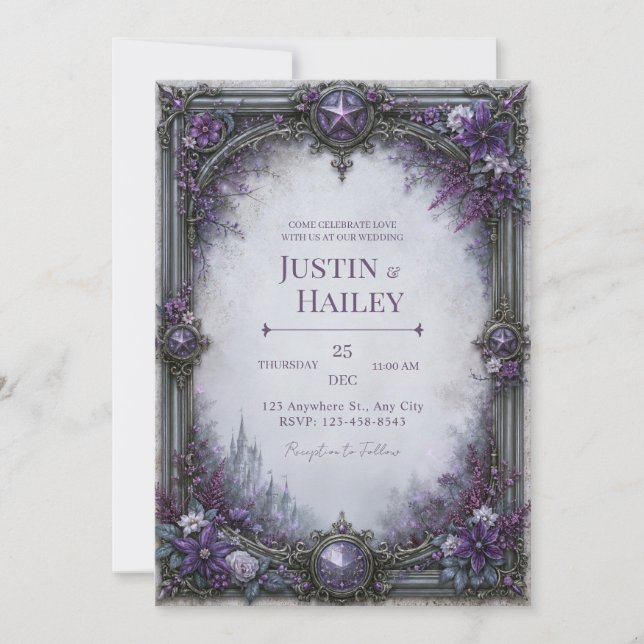 Purple Gothic Castle Wedding Invitation (Front)