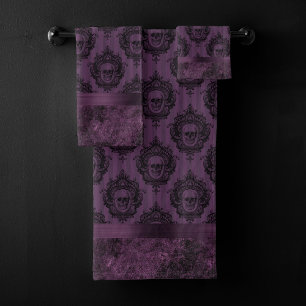 Purple Gothic Chic Eggplant and Black Skulls Bath Towel Set