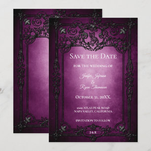Purple Gothic Halloween wedding save the date Announcement