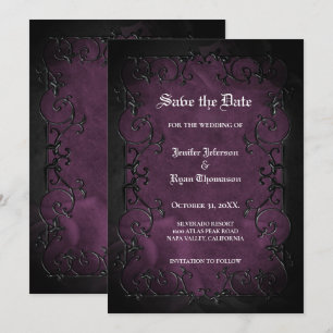 Purple Gothic halloween wedding save the date Announcement