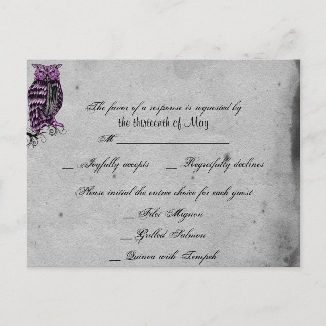 Purple Gothic Owl Posh RSVP Postcard (Front)