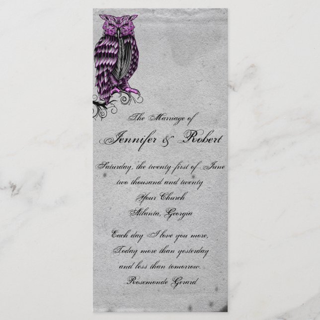 Purple Gothic Owl Posh Wedding Program Programme (Front)