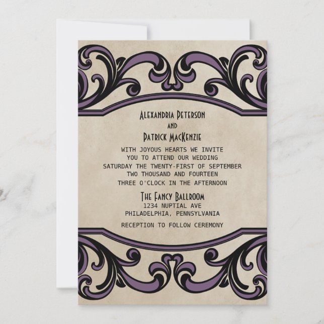 Purple Gothic Swirls Wedding Invite (Front)