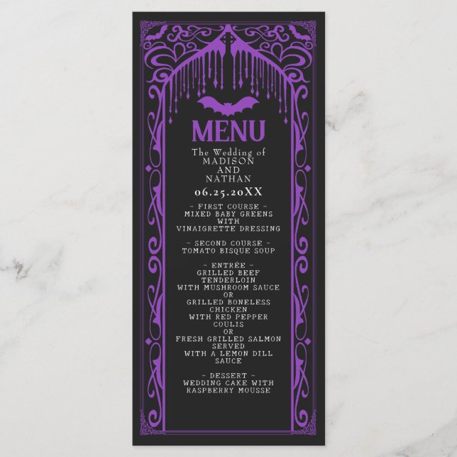 Purple Gothic Vampire Cathedral Wedding Menu (Front)