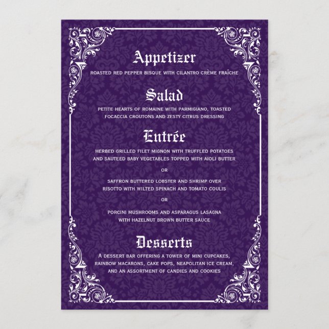 Purple Gothic Victorian Damask Wedding Menu (Front)
