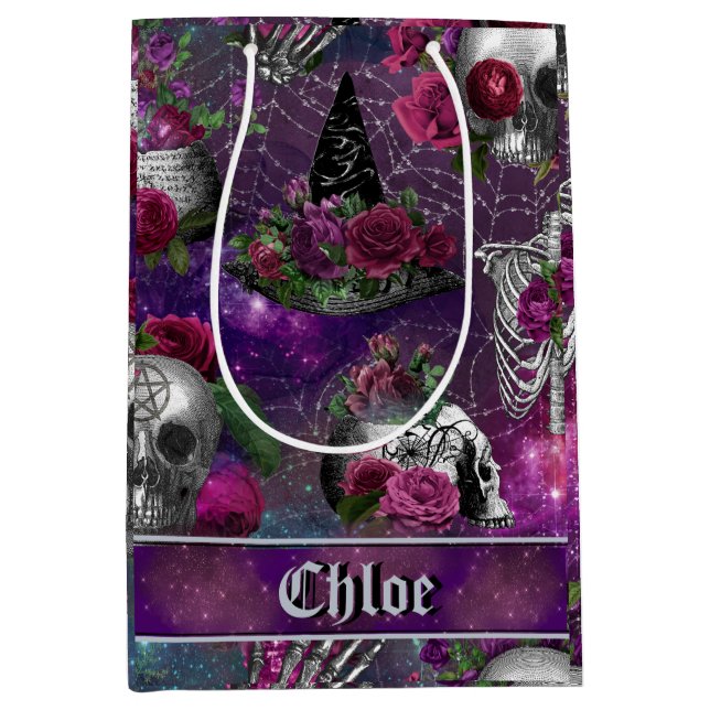 Purple Gothic Witch Skull Roses Monogram Medium Gift Bag (Front)
