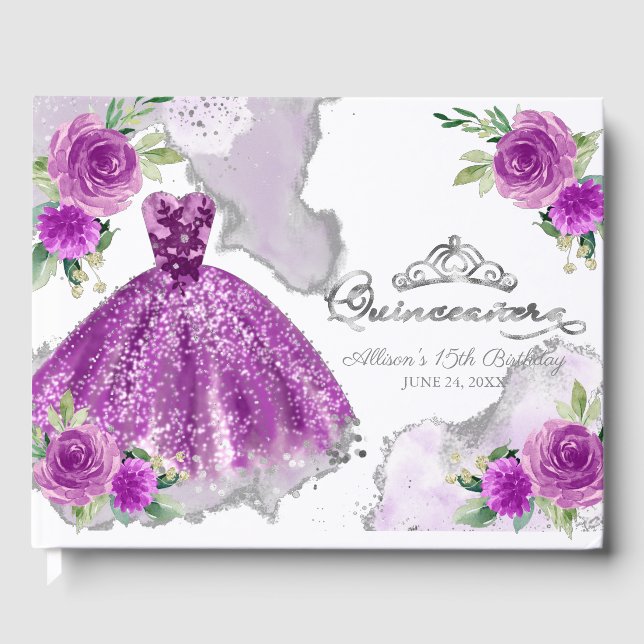 Purple Gown Floral Quinceanera Guest Book (Front)