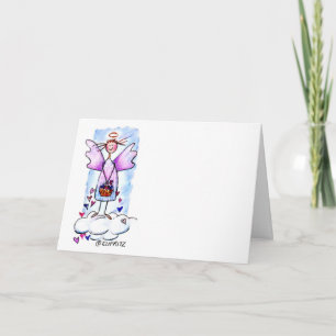 Purple gowned angel on a cloud with hearts note ca card