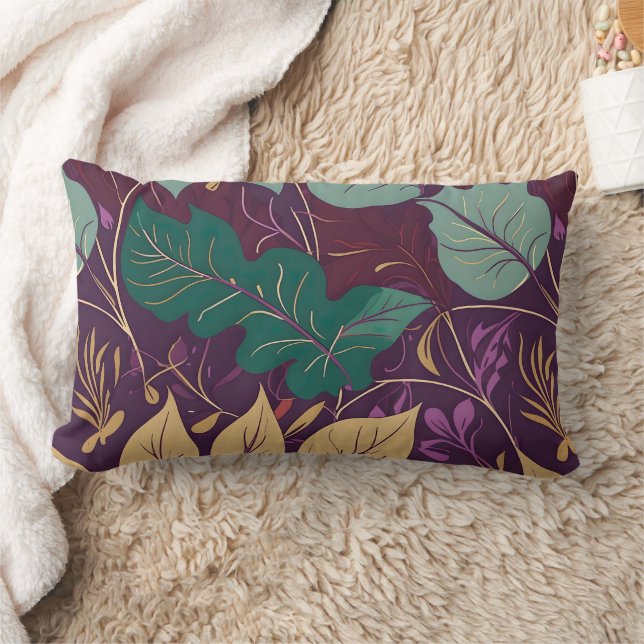 Purple Graceful Modern Leaf Print Lumbar Cushion (Blanket)