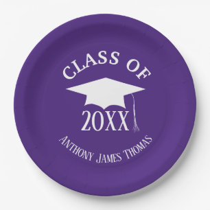 Purple Grad Cap and Leaves Paper Plates 9"