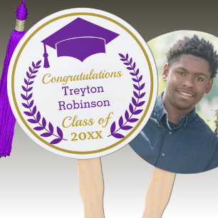 Purple Grad Cap Graduation Photo Hand Fan