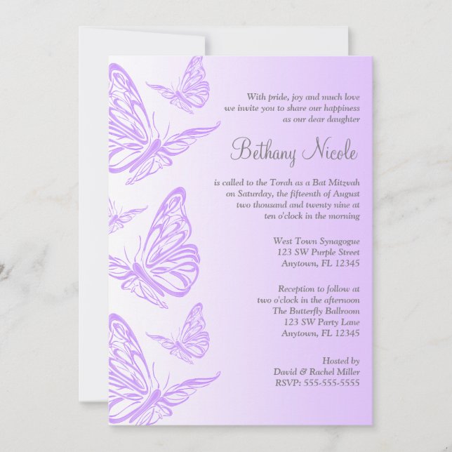Purple Gradient Butterfly Bat Mitzvah Invitations (Front)