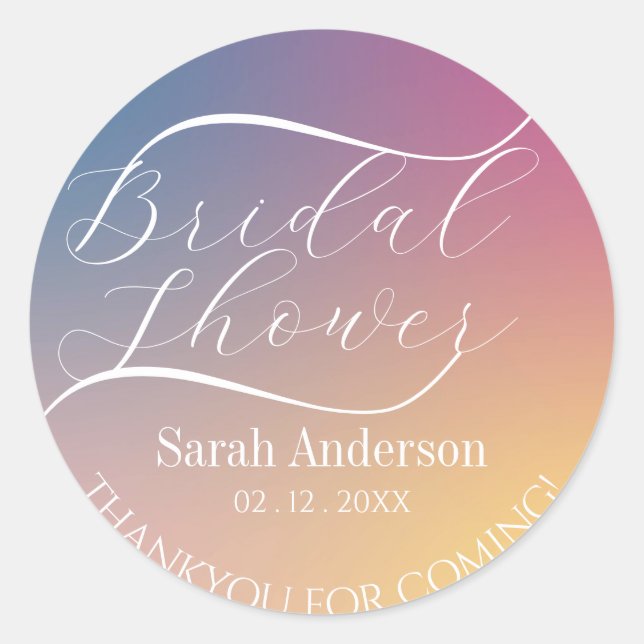 Purple Gradient Chic Modern Script Bridal Shower Classic Round Sticker (Front)
