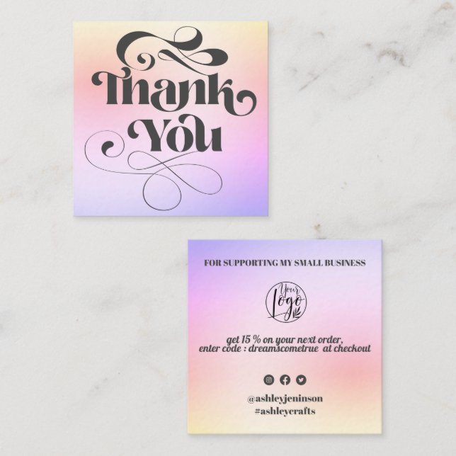 Purple gradient cool retro script order thank you  square business card (Front/Back)