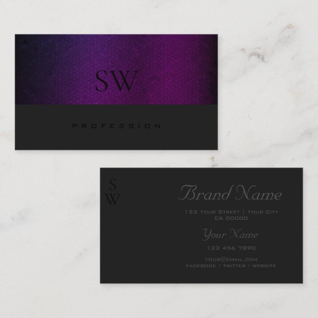 Purple Gradient Pattern Dark Grey with Monogram Business Card (Front/Back)