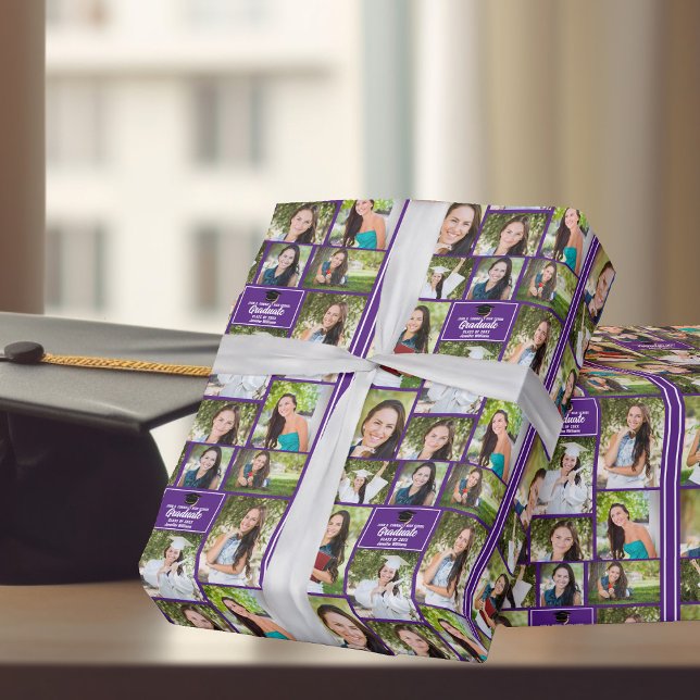 Purple Graduate 9 Photo Collage Modern Graduation Wrapping Paper (Creator Uploaded)