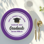 Purple Graduate Personalised 2024 Graduation Party Paper Plate<br><div class="desc">These modern purple and white custom graduation party plates feature classy typography of your university or college name for the class of 2024. Customise with your graduating year next to the chic handwritten script and black grad cap for great personalised congratulations graduate party decor.</div>