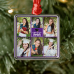 Purple Graduate Photo Collage Graduation Metal Tree Decoration<br><div class="desc">This modern purple senior graduate photo collage Christmas ornament features your favourite 6 student photographs. This graduation keepsake gift features classy white typography of your high school or college name for the class of 2025. Customise this square ornament with your graduating year below the black grad cap.</div>