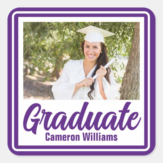 Purple Graduate Photo Personalised Graduation Square Sticker (Front)