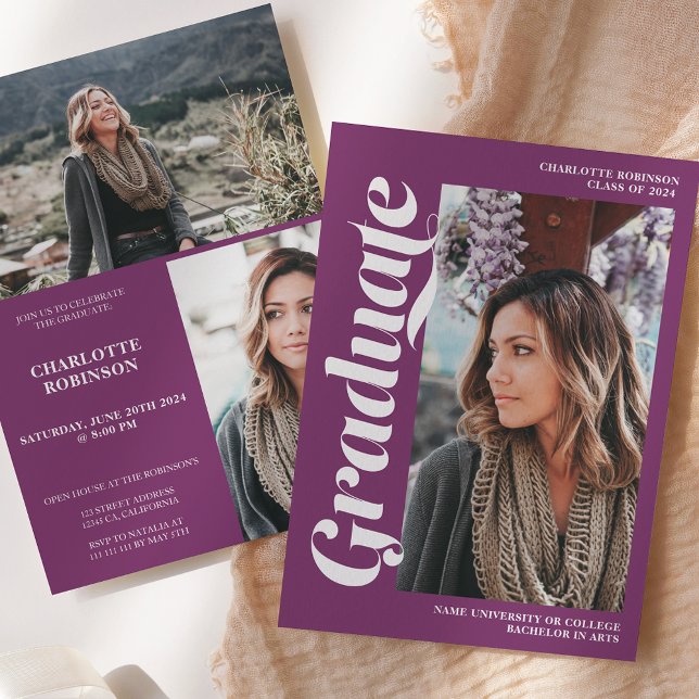 Purple graduate script 3 photo graduation invitation (Purple graduate script 3 photo graduation invitation)