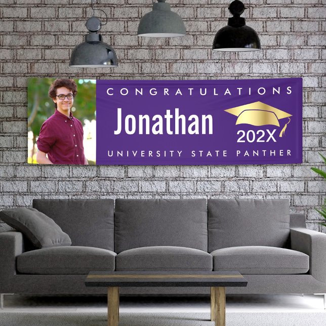 Purple graduation 1 photo gold cap modern bold banner (Creator Uploaded)