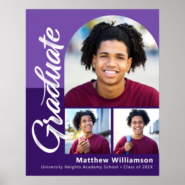 Purple Graduation 3 Photo Bold Arch Script Modern Poster (Front)