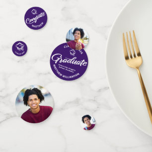 Purple Graduation 3 Photo Bold Script Cap Minimal Confetti